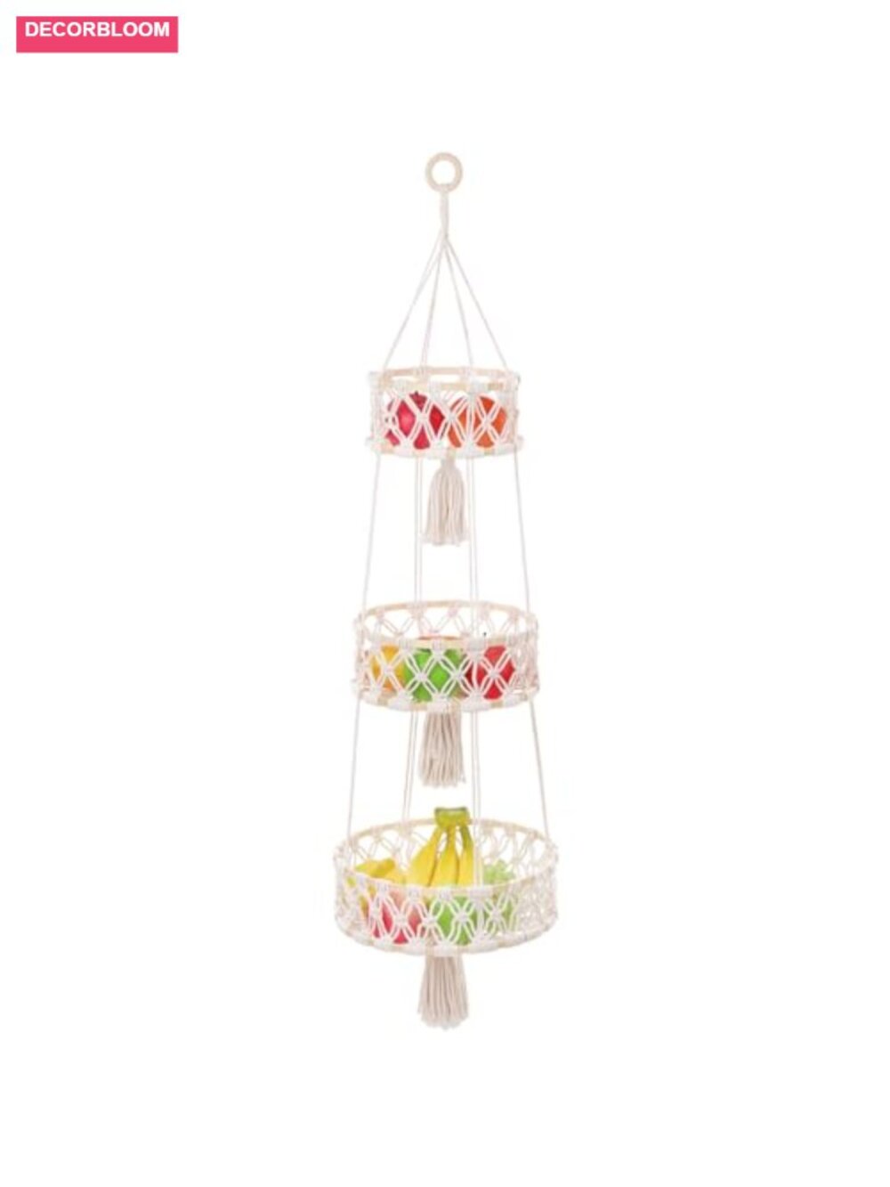 3 Tier Hanging Fruit Basket Cotton Rope Hand-Woven Boho Wall-Mounted Storage